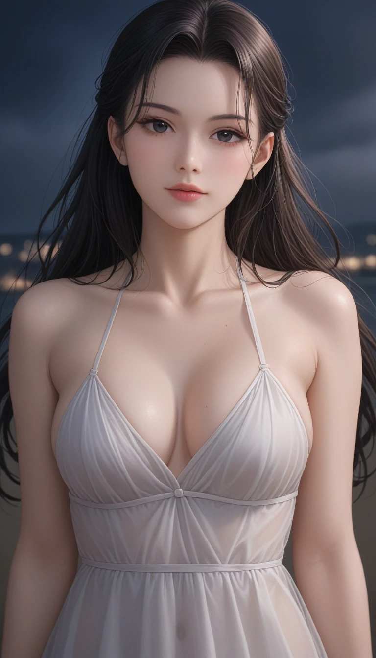 score_9, score_8_superior, score_7_superior, High-resolution CG illustration,A masterpiece in 32K resolution,Highest quality,it is really amazing,Very detailed,Ultra-high resolution,Ultra-realistic,Realistic,Increased depth of field,Cinematic lighting,
Sexy mature Japan woman,
Glossy black hair,Wavy long hair,Showing his forehead,god々Beautiful,Ultra-detailed and beautiful face,Sensual look,Beautiful dark brown, moist eyes,Pitch black eyes,Glowing, moisturized skin,Translucent white skin,born々New skin texture,Great proportions,
Ancient Roman Greek style silk draped dress,
The graceful design of the fabric naturally draping,Flowing pleats,白いシルクborn地の柔らかな質感,
A dark and blurry night background,Dark overcast sky on a dull night,Dark clouds filling the sky,Thundercloud,Coastline at night,Golden reflections on the sea surface,delay々A desolate sandy beach that continues,
Beautiful face close-up,High angle,