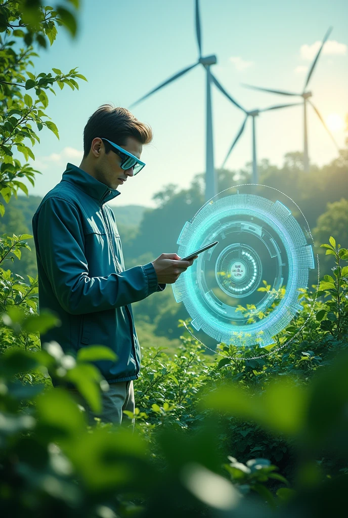  Create an image about Green and Digital Transformation: photos that highlight the digitization of skills and/or efficient technologies or processes in resources that reduce waste and minimize the environmental impact of human action;