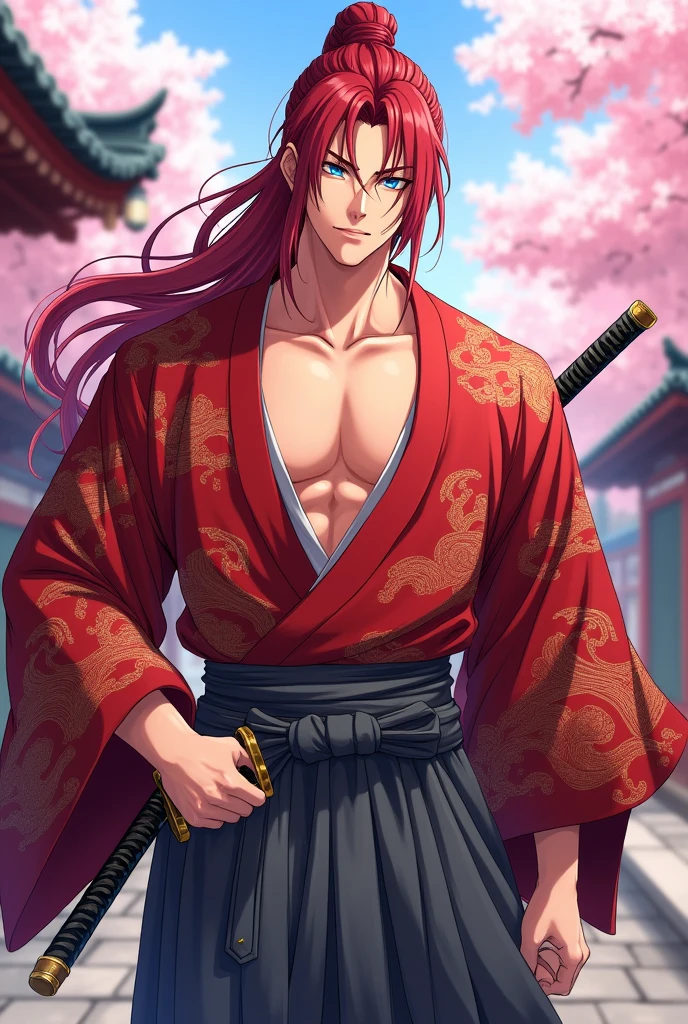 Anime Kimono Japanese male Blue eyes Red hair Long hair Ponytail Grey hakama Scarlet clothing Japanese sword on left hip Large breasts Large buttocks Partially exposed chest
