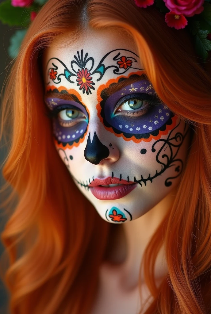 close-up photo of the face ,beautiful redhead with mexican skull painted face, new, skin fair