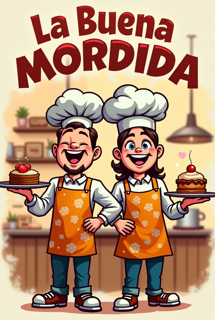 Logo of a man and woman cake and brochette chefs for a fast food restaurant with the name La Buena Mordida