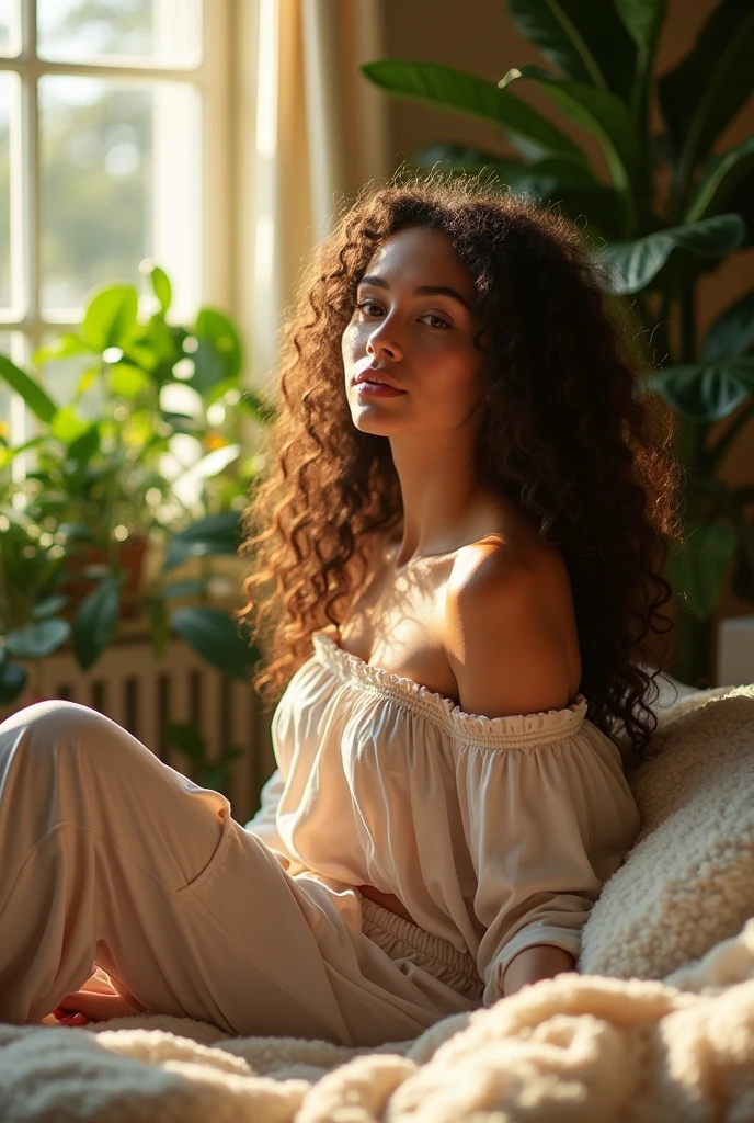 (photorealism:1.2), beautiful woman, sitting on bed, wearing loose off-shoulder top, pajama pants, long curly hair, indoors, soft lighting, plants in background, window with sunlight, cozy room, relaxed pose, realistic, intricate details, warm colors, by Greg Rutkowski, by Alphonse Mucha