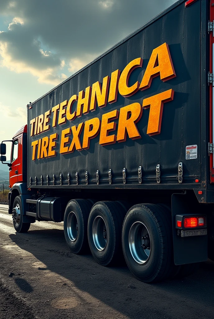 TIRE TECHNICAL EXRERT lettering Tire illustration Painted on the side of the truck A logo to project professionalism worldwide