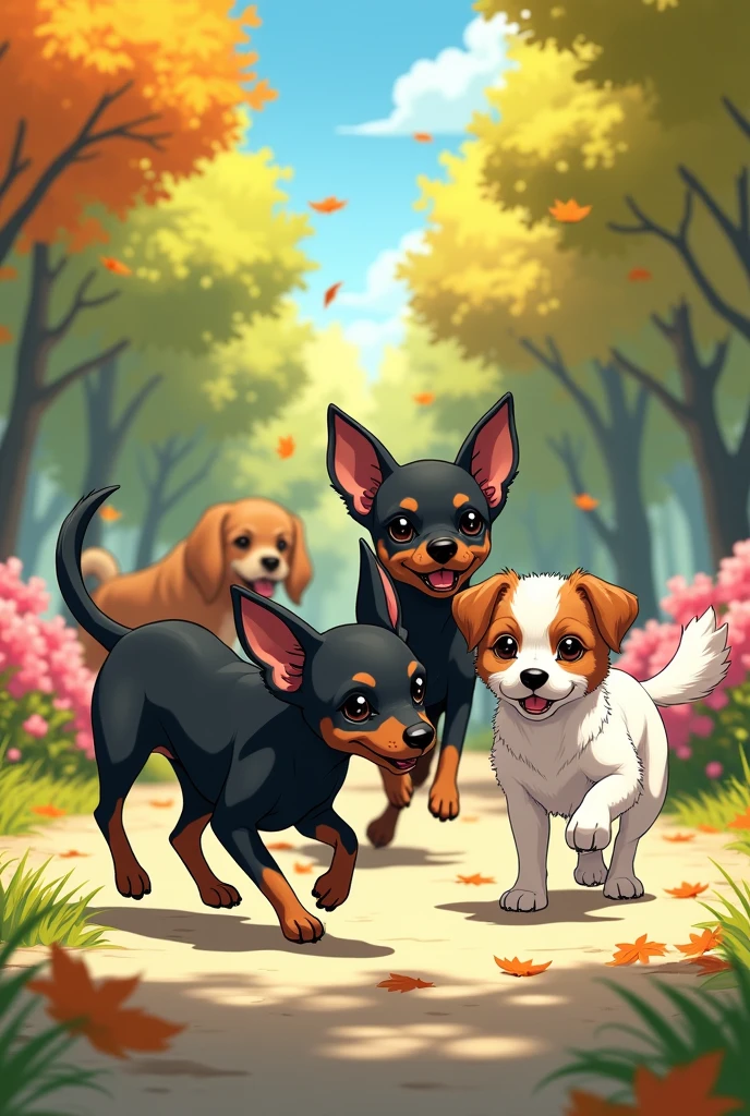 Anime Two black Pincher dogs Large brown dog Medium caramel dog A black and white Lhasa dog Medium white dog