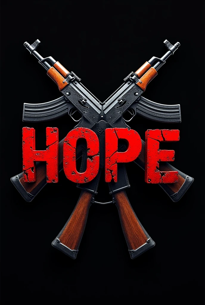“Create a logo with the name ‘Hope’ in large, distressed red letters. Behind the text, place two AK-47s, but in such a way that the weapons are completely behind the letters, serving as a backdrop without overlapping or covering the text. The main colors should be red and black, with dark accents on the weapons to maintain a strong, striking contrast.”