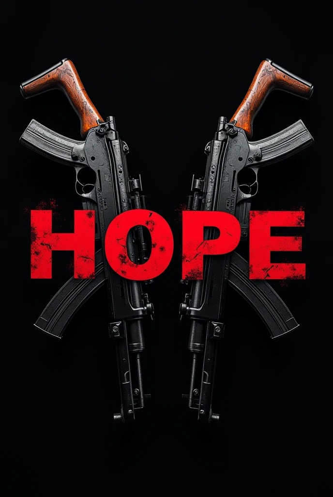 “Create a logo with the name ‘Hope’ in large, distressed red letters. Behind the text, place two AK-47s, but in such a way that the weapons are completely behind the letters, serving as a backdrop without overlapping or covering the text. The main colors should be red and black, with dark accents on the weapons to maintain a strong, striking contrast.”