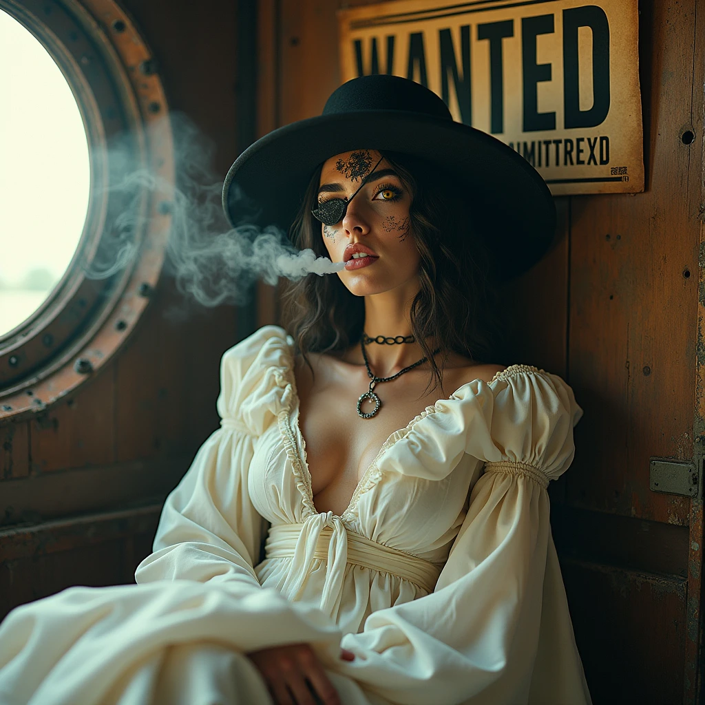ultradetailed, hyperrealistic, photorealistic, best quality, RAW, high resolution, create a wanted poster of 1girl, alcina dimitrescu, yellow eyes, masterpiece, one eye patch, scar running over her eye, closeup, charred lips, sitting, smoking, from behind, white gown, hat, in the background there is a cabin of a spaceship, use typography wanted