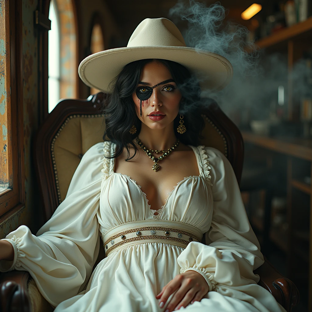 ultradetailed, hyperrealistic, photorealistic, best quality, RAW, high resolution, create a wanted poster of 1girl, alcina dimitrescu, yellow eyes, masterpiece, one eye patch, scar running over her eye, closeup, charred lips, sitting, smoking, from behind, white gown, hat, in the background there is a cabin of a spaceship, use typography wanted