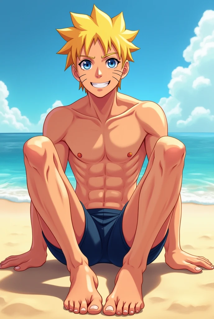 Realistic and professional cartoon style drawing of Naruto Uzumaki's feet with a full body, sitting on the beach shirtless, en ropa interior ajustada y sonriendo 
Que las plantas de los pies se vean de frente e ilumina sus pies 👣 detalla los dedos y la planta del pie
