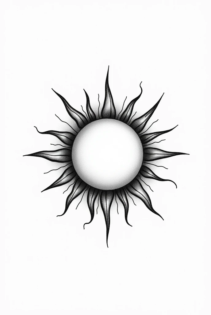 A sun tattoo, on a white background , menos realista, in black and white, with no face, with more light tones, smaller 