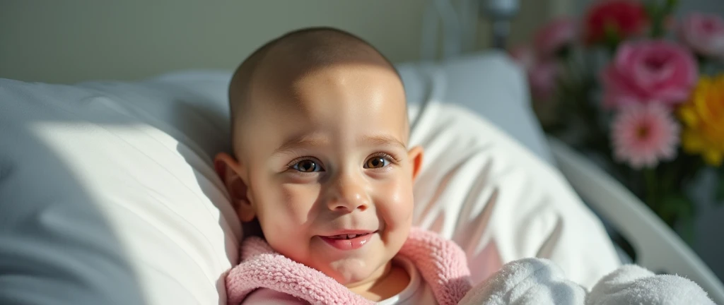 bald girl , She is hospitalized. , beautiful girl with light hazel eyes , pink lips , A look of gratitude , pink pajama vest
