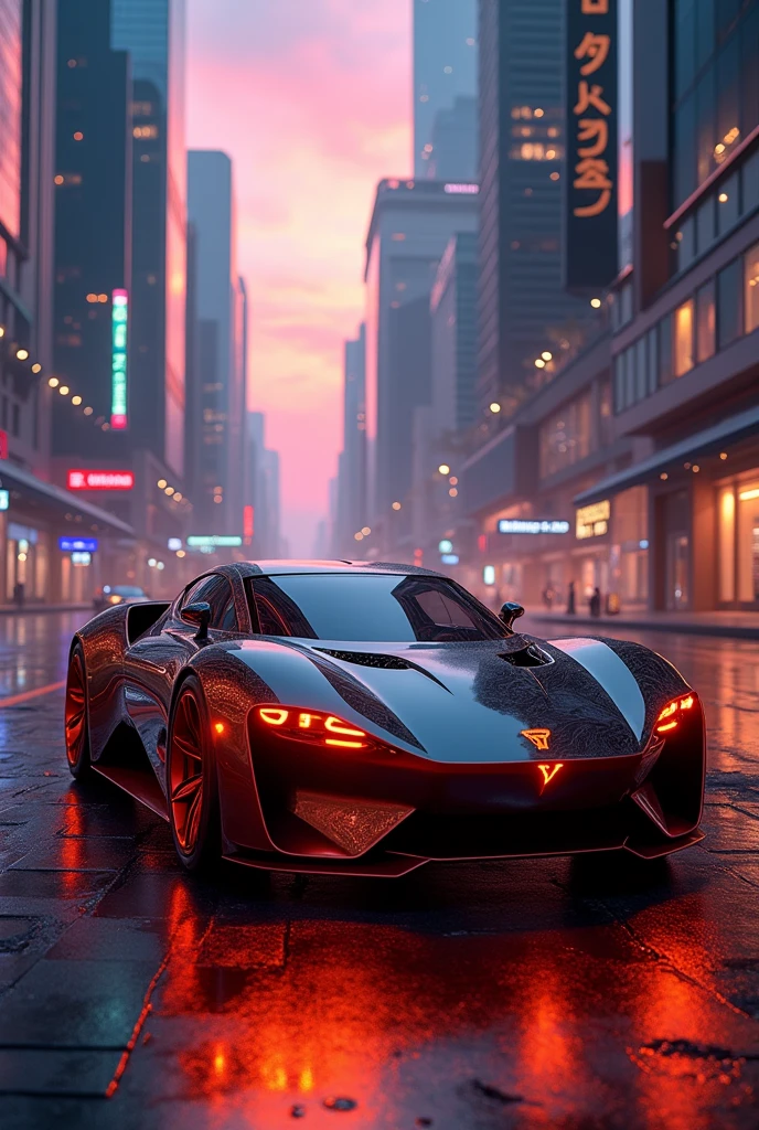 Futuristic electric car with Mahogany Brown LED lights, fire rims and a lion-like appearance with a lion-shaped logo 