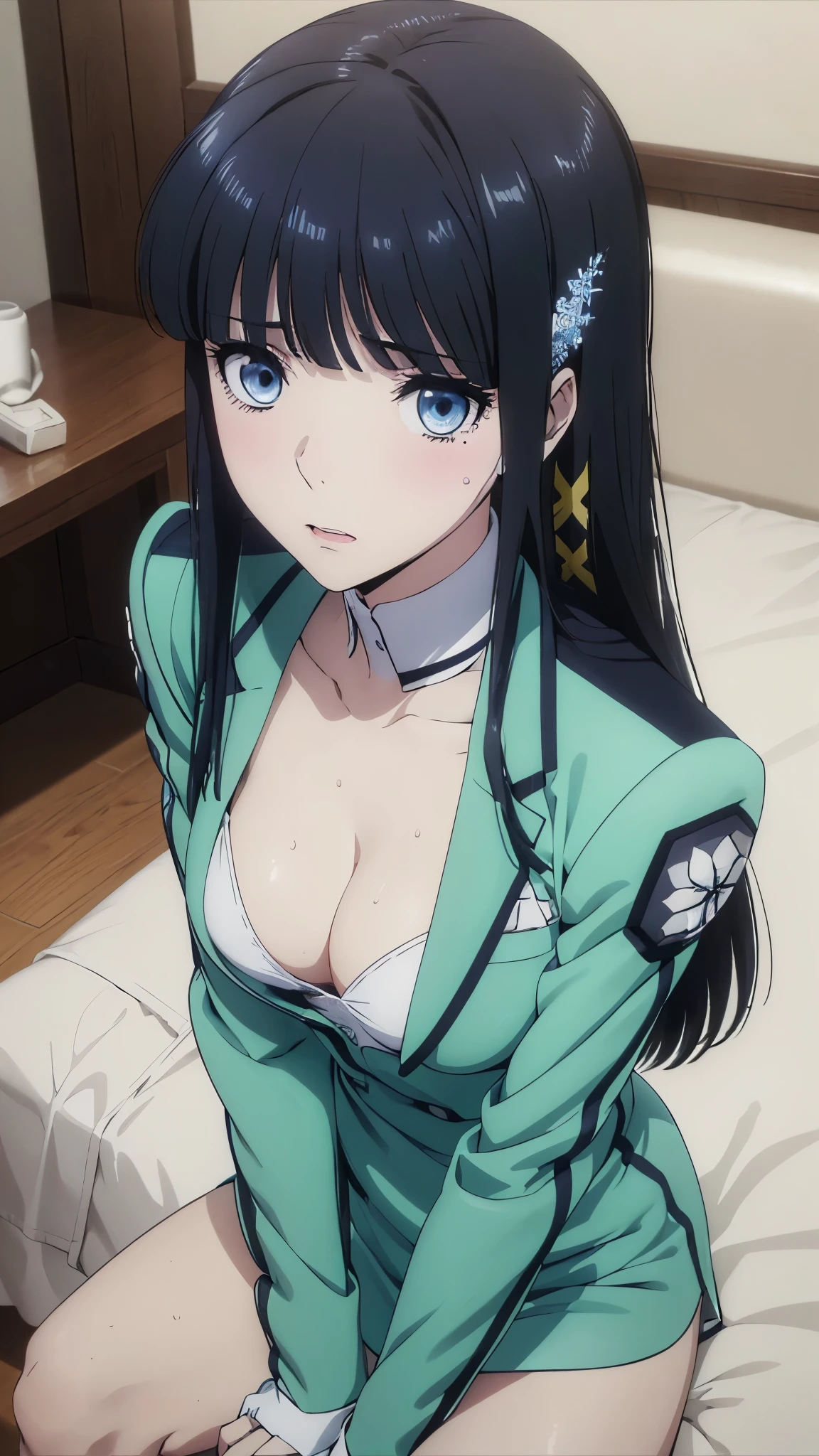 1 personの, alone, masterpiece, Highest quality, The Irregular at Magic High School, Miyuki Shiba, Shiba Miyuki, iris, blue eyes, tsurime, eyelash, Black Hair, Long Hair, Hime cut, Straight hair, Blunt bangs, blunt end, Side Lock, hair ornaments, snowflake hair ornaments,High School Uniform, dress, white dress, collared dress, Jacket, green Jacket, cropped Jacket, open Jacket, Long sleeve, Large Breasts, (masterpiece: 1.3), (Maximum resolution: 1.2), (Ultra HD TV: 1.2), Cinematic Light, 8k resolution, Detailed facial features , (Sharp focus: 1.2）, (Focus on the face:1.2),Perfect Style, Beautiful Face, Acura, Anatomically correct, Highly detailed face and skin texture, Beautiful Eyes,Beautiful Eyes, Thin eyebrows, Natural Cheeks, Glowing Skin, Fair skin: 1.2, (Glossy Lips: 1.4),、 (Embarrassed look: 1.2),Highly detailed face and skin texture, Natural Cheeks, , Glossy Lips: 1.4,Perfect Style、Cleavage、Soft Breasts、（Semen on chest:1.6）（Cum on thighs 1.5）、 Sperm on tongue、Drenched in sweat、Wet clothes、blush、A humiliating look、Anxious expression、Frightened expression、Embarrassed look、Glare、anger、sorrow、tears、（Open your knees:1.5）、（Spread your legs:1.5）、 White underwear、Disheveled clothes、sweating、Thin underwear、18-year-old、 clear, A clean-cut woman,1 person、 Upward-facing chest, Black Hair、blue eyes、Beautiful Eyes、Torn clothing、（masturbation behavior:2.0）、At the bed、（On my back、At the bedLying down、Lying down、White sheets:1.7）、avert your eyes、Straight Long Hair