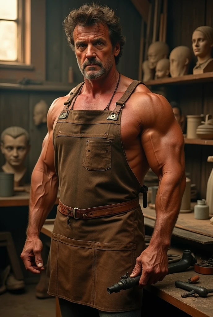 Actor Sylvester Stallone wearing a leather apron 