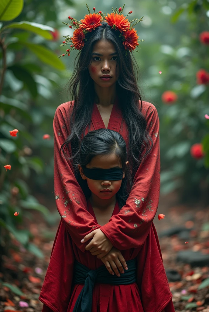 Indonesia, very cute beautiful woman cutting throat of a boy ninja blindfold bloody throat, bright