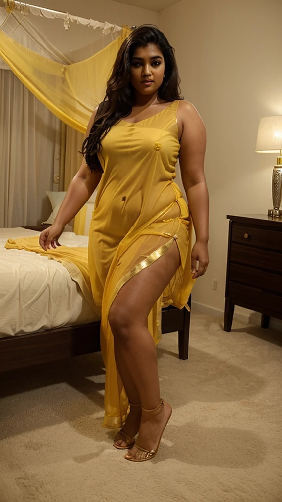 Day scene, A 25 year old beautiful South Indian plus sized woman , golden colour transparent chiffon short nighty wearing women in bed room, full body image, photo taken from distance