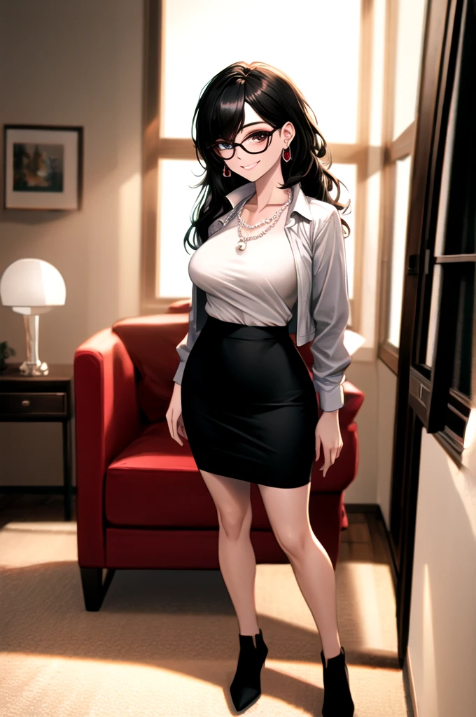 （（super high quality,Ultra-high resolution,4K,8k,super masterpiece,Ultra HD ,Detailed shading））,Top-down angle,Looking at the camera,The living room bathed in morning sunlight,Full body photo,A sexy mother is standing.,popped collar White shirts,Tight collar,Long sleeve,Show the hem,BLACK Pencil Mini Skirt,sexly,Straight black long hair,Sweep your bangs to the side,Glasses,smile,Pearl Earrings,Pearl Necklace,Engagement Rings,Clasp your hands in front of you,
