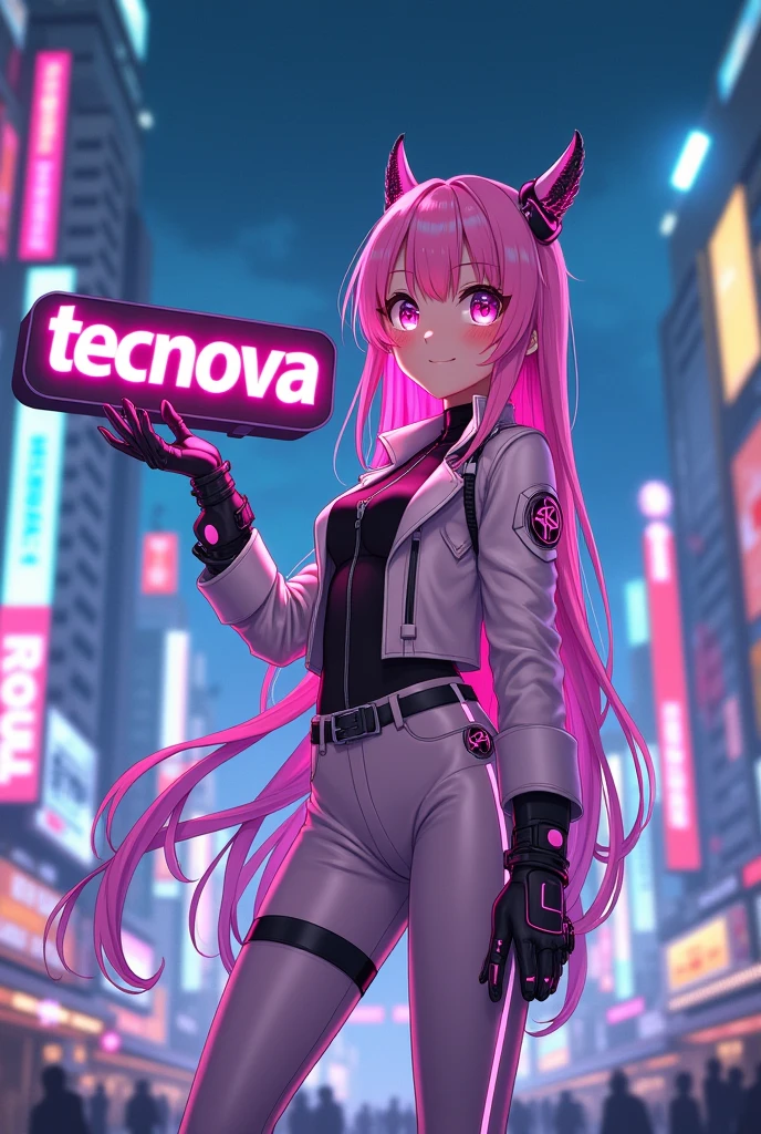 Anime girl holding a sign that says 'tecnova'