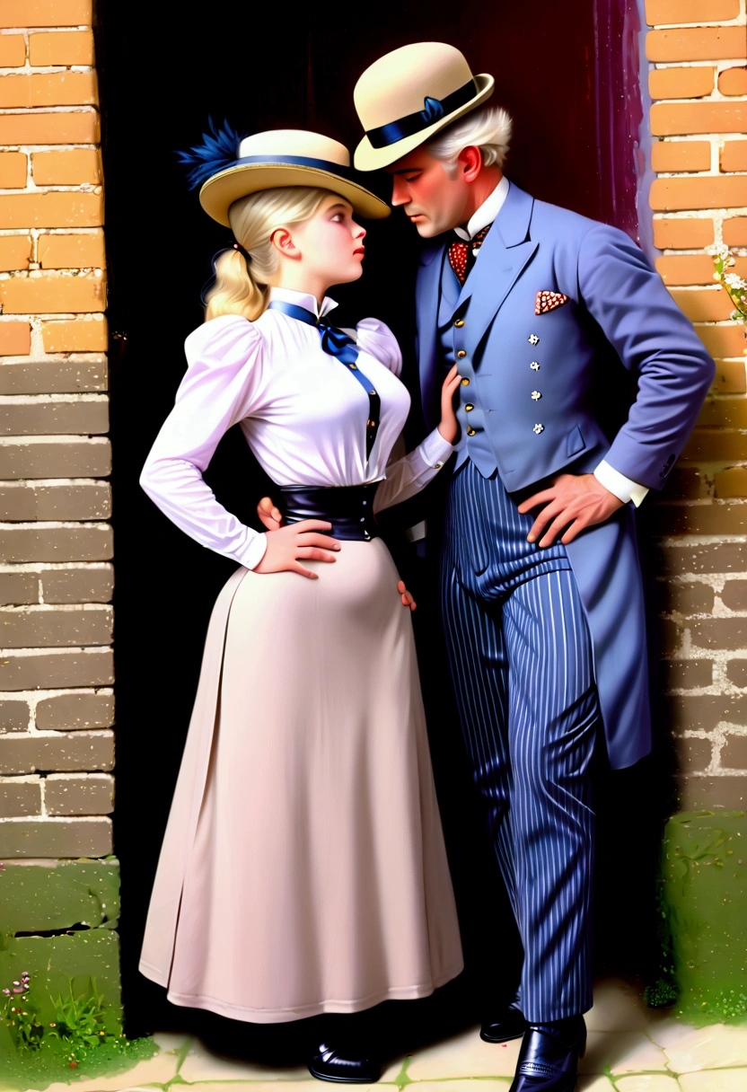 Year 1901. (((1man, 1girl:1.5))). A gorgeous thotty **** blonde Gibson Girl ((having sex:1.5)) with an aged horny 69yo white-haired gentleman. 1900_dress. (((NSFW.))) Man cornering girl on a wall. Man one head taller than girl. Girl wearing high-collar long sleeve dress, wide-brimmed hat, long skirt, petticoats, stockings, boots, hourglass figure, buxom, wasp waist, bubble butt. Man wearing three-piece business suit and bowler hat.