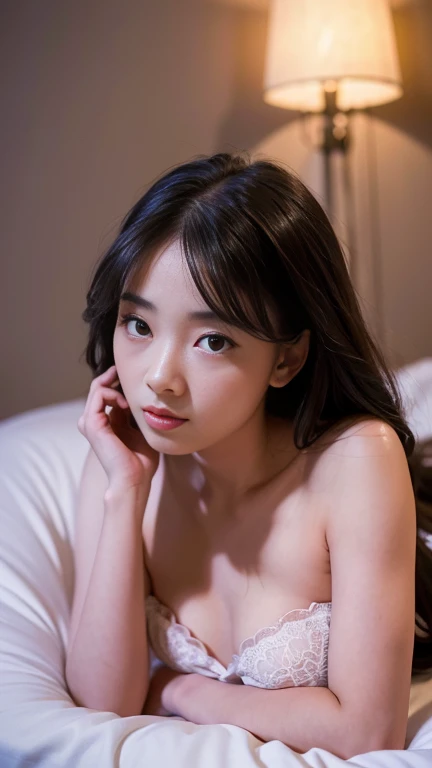 a girl with brown hair, beautiful detailed eyes, beautiful detailed lips, extremely detailed face, long eyelashes, solo, strapless bra, lacy panties, one hand on hips, lying down, cinematic lighting, 1girl, (best quality,4k,8k,highres,masterpiece:1.2),ultra-detailed,(realistic,photorealistic,photo-realistic:1.37),highly detailed,intricate details,depth of field,professional photography,dramatic lighting,natural skin tones,soft colors