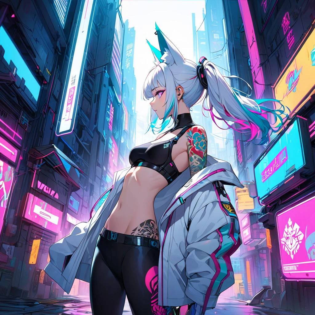1woman, long white hair with pink and cyan tips,Muticolored hair, fox ears, purple eyes, wearing a white coat, leggings, wearing black undershirt, tattoos on arms,  colorful japanese tattoos, showing body, medium breasts, cyberpunk, profile picture perspective, neon