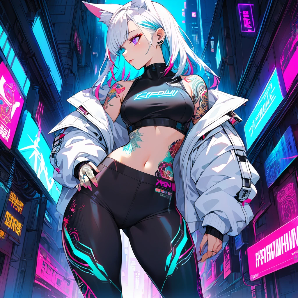 1woman, long white hair with pink and cyan tips,Muticolored hair, fox ears, purple eyes, wearing a white coat, leggings, wearing black undershirt, tattoos on arms,  colorful japanese tattoos, showing body, medium breasts, cyberpunk, profile picture perspective, neon