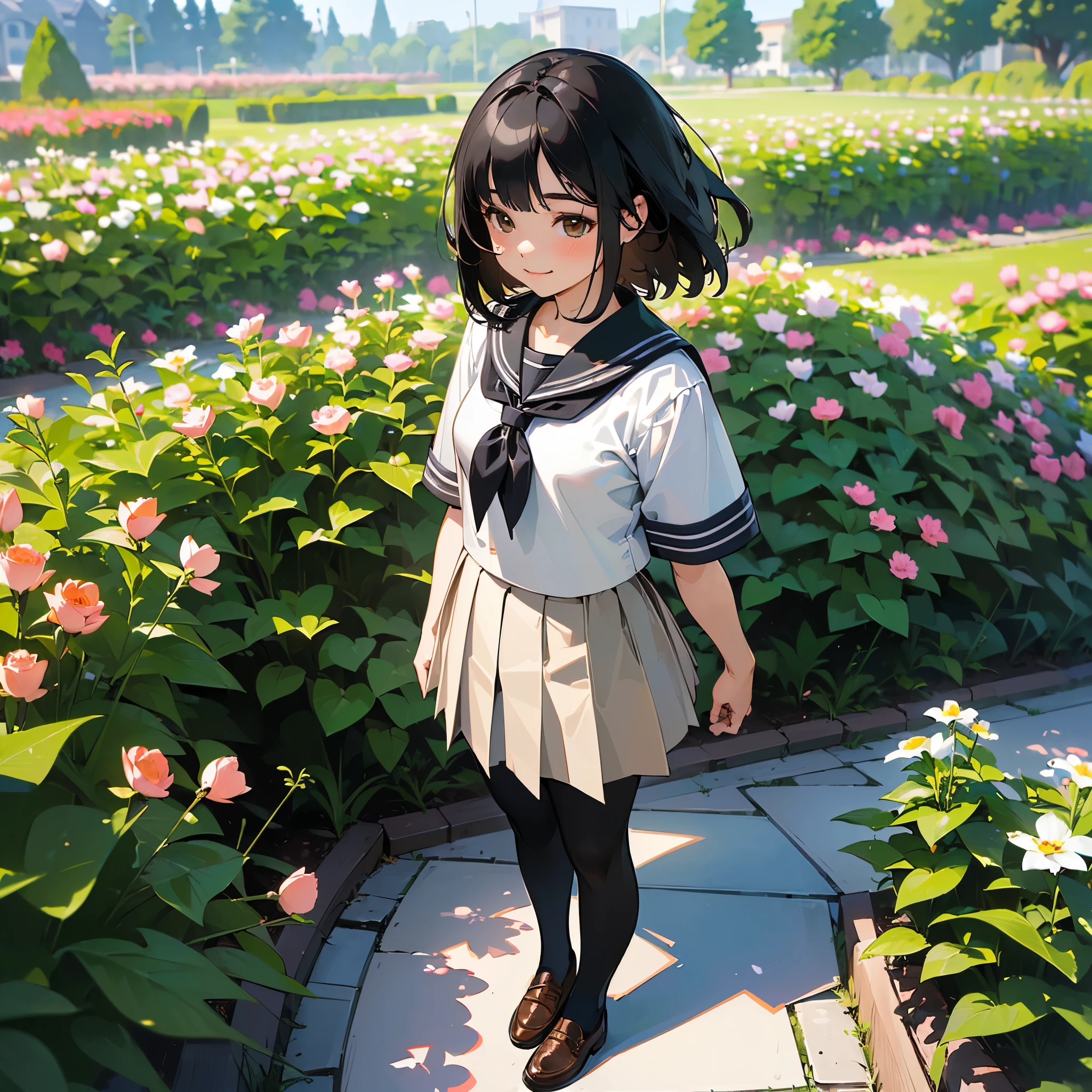(Highest quality, High resolution, Very detailed, Realistic:1.37), Peaceful atmosphere, (Outdoor, garden), Teenage girl standing alone, Beautiful and detailed features, Cute Smile, ((Black bob hair)),Short-sleeved sailor uniform, Pleated skirt,Black tights,Brown leather shoes.