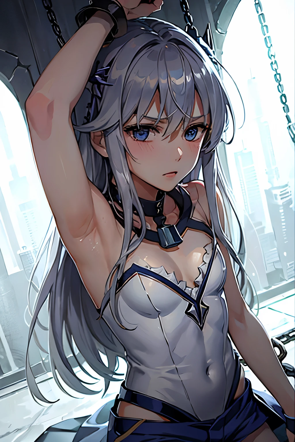 (((Highest quality、first class、masterpiece、Normal body、8k、Detailed face、Ultra-precision、normal hand、Normal refer to、5refer to、Highest)))、Eternal Frail、Silver Hair、Long Hair、kid、clear、pure、A blue suit that reveals a cleavage、Navy blue shorts、"SD Gundam G Generation"、Shot down、Defeated、Captured、Taken prisoner、Handcuffed、Detained、Chained by a collar、lock restraint、Jail、prison、Frightened、fear、blush、Interrogation、torture