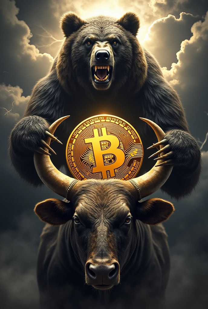 Bull tattoo pushing up bitcoin in the middle and bear attacking from top to bottom