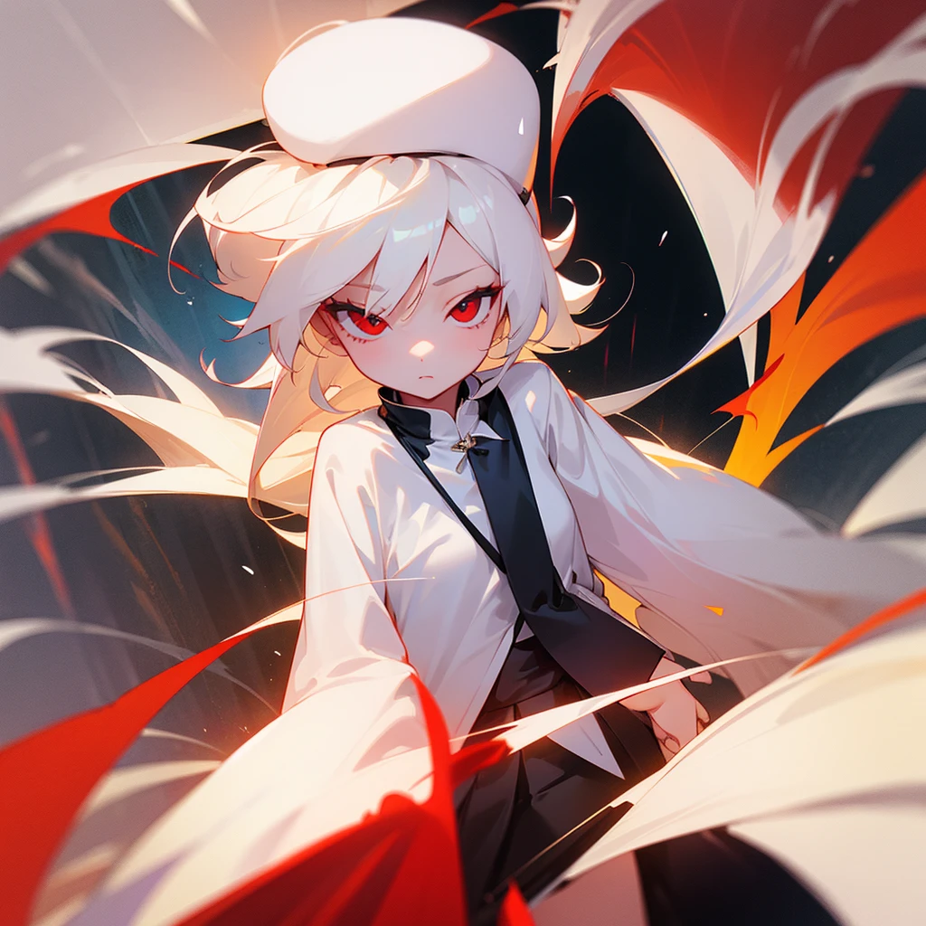 A girl with long, platinum blonde hair that reaches her shoulders, red eyes, wearing a white shirt and a short black skirt.,tay cầm dao ngắn