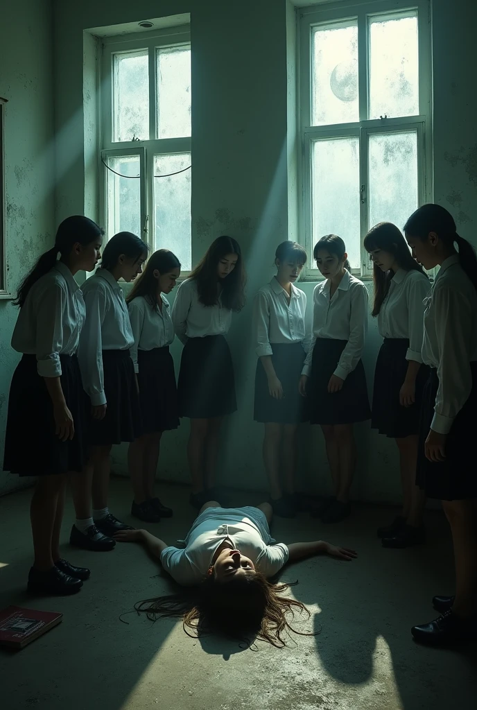 A group of female students wearing black skirts、He is strangling a dead girl lying on the floor. 