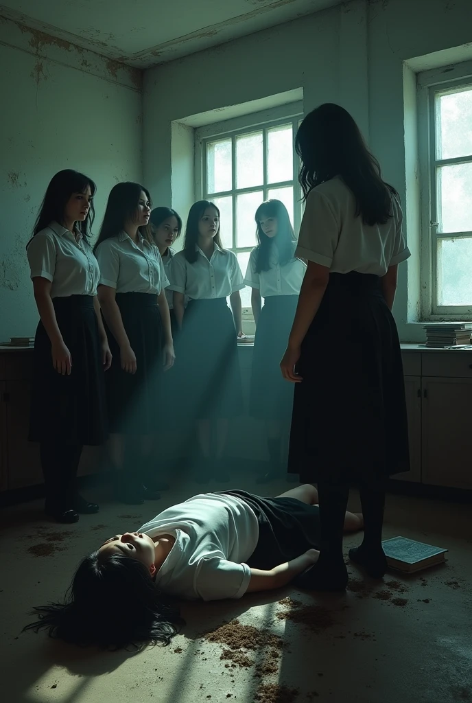 A group of female students wearing black skirts、He is strangling a dead girl lying on the floor.