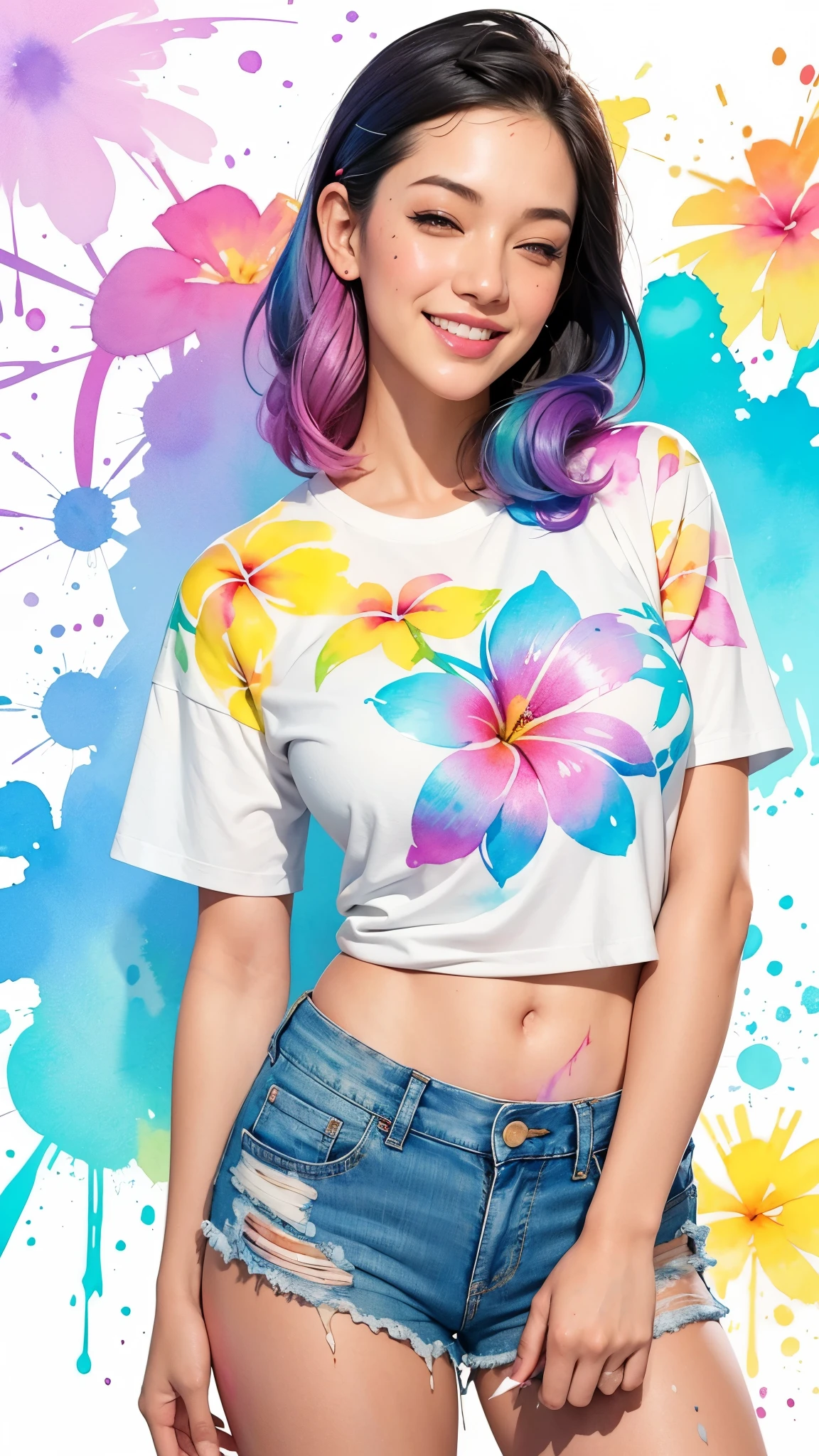 a Plumeria painting with a splatter background and spray paint effect, by Adam hughes, plumeria flower design t-shirt and jean shorts, upper body centered, multi-color hair, 1 eye closed, big happy smile, watercolor art,  watercolor painting, watercolor painting style, watercolor detailed art, watercolor digital painting, watercolor paint, masterfully detailed watercolor, watercolor art
