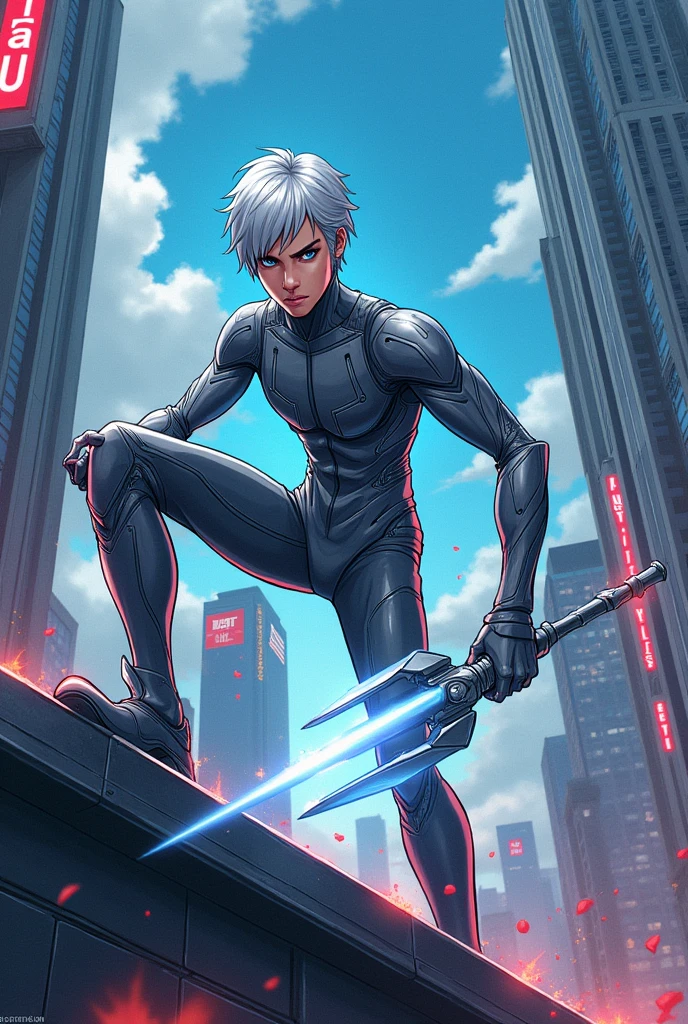 Make a human comic character that has a weapon the element and properties of aluminum