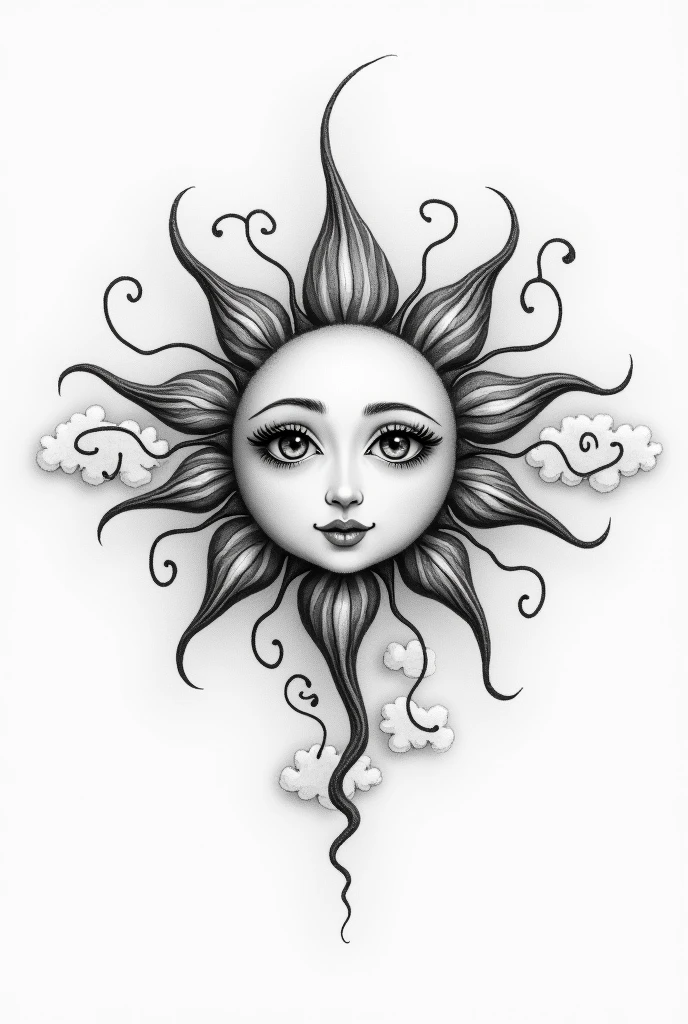 A sun tattoo, with clouds behind, on a white background , menos realista, in black and white, with no face, with more light tones, smaller