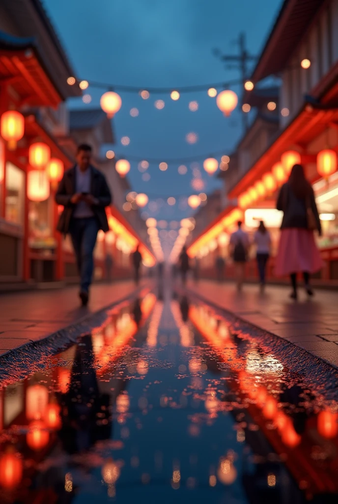 masterpiece,Highest quality,(Ultra-high definition CG Unity 8K wallpaper),(Highest quality),Physical Rendering,puddle,The scenery reflected on the water surface,Reflection of light,night,Busy Street,Passers-by々、Blur the foreground、stall、Festivals、Lantern、yukata、shrine、