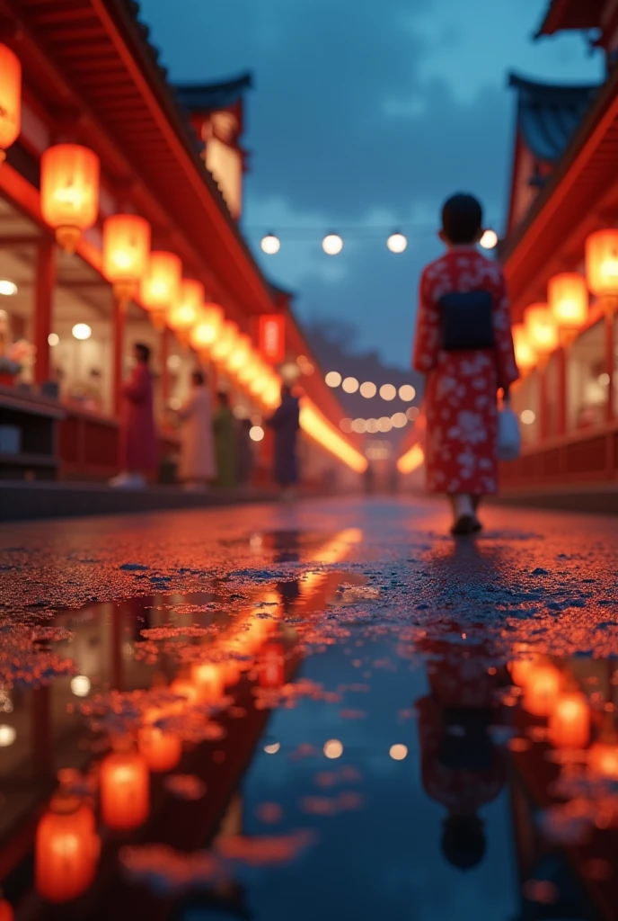 masterpiece,Highest quality,(Ultra-high definition CG Unity 8K wallpaper),(Highest quality),Physical Rendering,puddle,The scenery reflected on the water surface,Reflection of light,night,Busy Street,Passers-by々、Blur the foreground、stall、Festivals、Lantern、yukata、shrine、