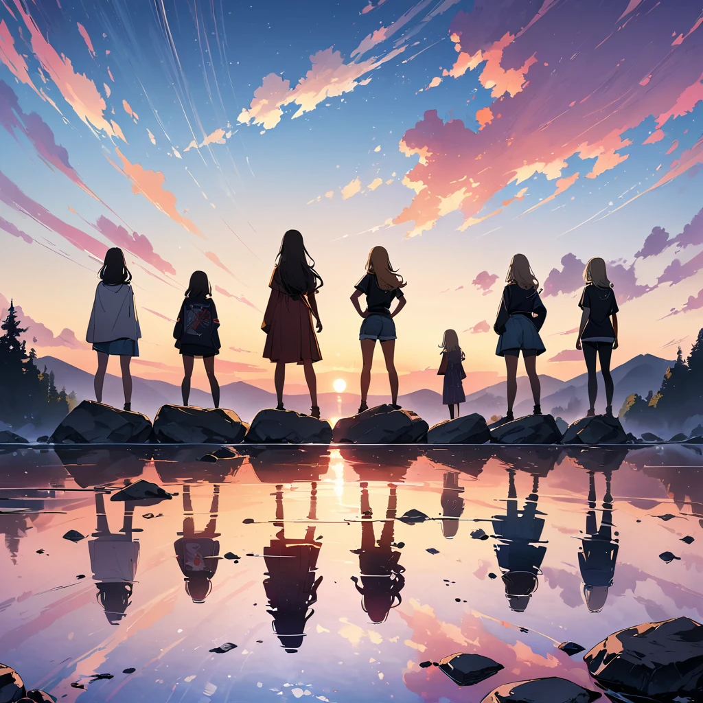 official art, unified 8k wallpaper, super detailed, masterpiece, Best image quality，super wide angle，evening，(five slim girls are standing side by side:1.5), (standing far away:1.6), black t-shirt and jeans shorts, rock stars, Standing in the pond，(Backlit:1.5), water is like a mirror，reflecting the sky。look up to the sky，Colorful sunset，Dynamic angle, grace, bright colors, from behind