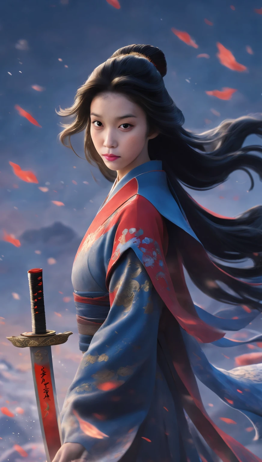 A breathtakingly detailed Close-up (CU) shot of Mulan's resolute face, her long ebony hair disheveled, and big black eyes gleaming with intensity. Her full lips, painted a deep red, curve into a fierce expression as she wields her sword, its engraved patterns glistening in the dimly lit atmosphere. The background is set against a scarlet night sky, with a round moon hanging low, surrounded by spinning sand and foam, and blue gas vortex swirling beneath. The air is thick with tension, as if the very clouds are being cut through by Mulan's martial arts prowess. Her dark blue armor, adorned with golden stars and floral embroidery, glistens in the faint light, while her cloak flows behind her like a black-golden river. In this Extreme closeup (ECU), every detail is meticulously crafted, from the intricate patterns on her sword to the soft curves of her full lips, inviting the viewer into a world of refined atmosphere and intense action.