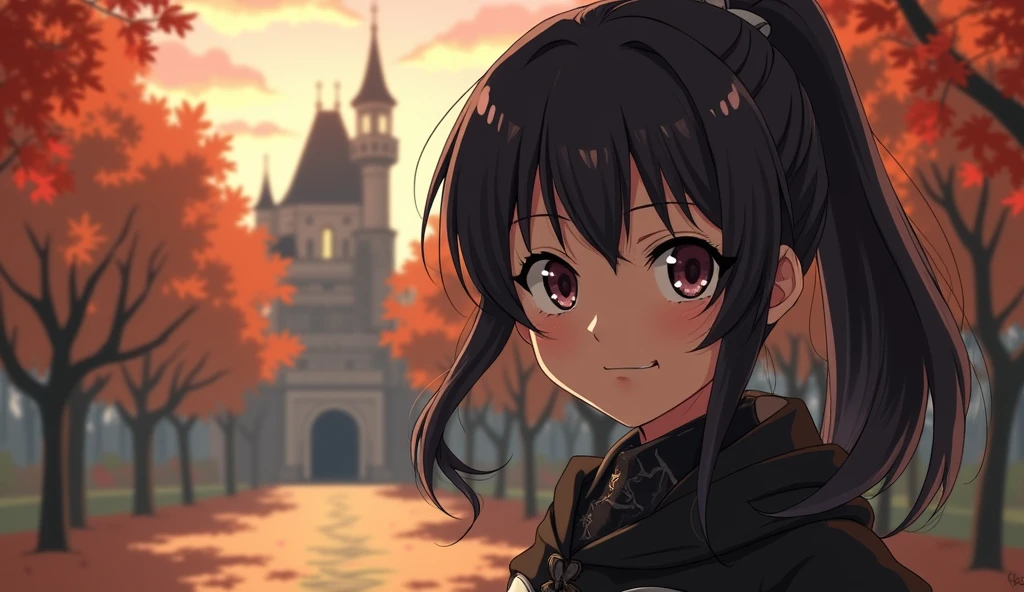 art by yaguru magiku, A age girl wearing a black knight underware, angry smile, in the style of Kyoto Animation in the 2010s, official art, ((((black hair)), eyes of Haruhi Suzumiya, face of Haruhi Suzumiya)), beautiful symmetric face, ponytail, at a medieval european castle on an autumn day, fantasy, alone, solo, 8k, posing of Haruhi Suzumiya