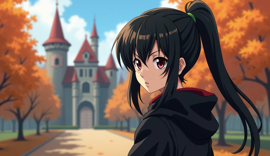 art by yaguru magiku, A teenage girl wearing a black knight underware, angry smile, in the style of Kyoto Animation in the 2010s, official art, ((((black hair)), eyes of Haruhi Suzumiya, face of Haruhi Suzumiya)), beautiful symmetric face, ponytail, at a medieval european castle on an autumn day, fantasy, alone, solo, 8k, posing of Haruhi Suzumiya