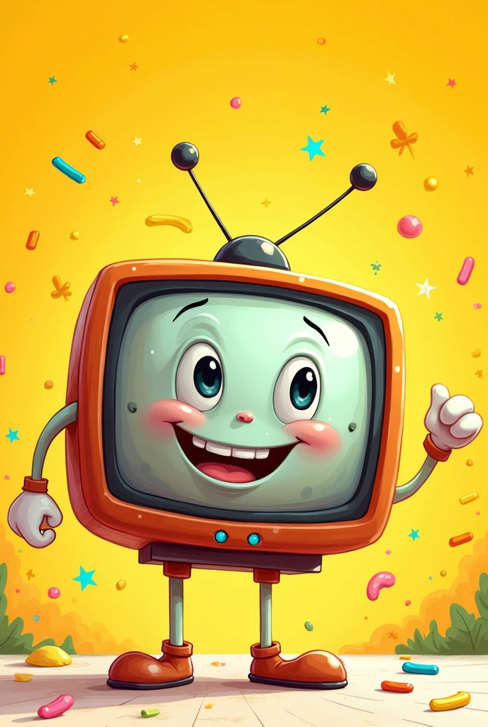 A cartoon television with a face and a yellow background