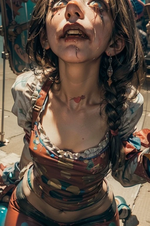 (Midnight Amusement Park),((Horror taste))、A clown looking up at the sky alone.、Sad expression、((Full body portrait))