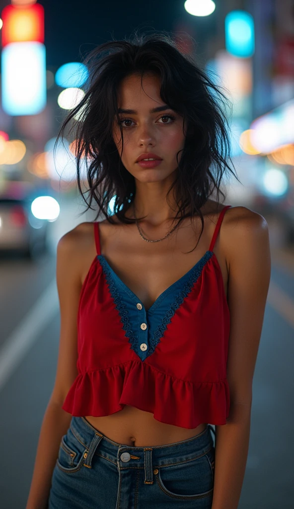 1girl, solo ,masterpiece, best_quality, photoshoot, looking at camera, young adult , flirty expression, (porcelain skin), brown eyes, (black hair), (messy hair), red and blue dress, jeans, white skin, night, jakarta background, Standing with bent legs, instagram trendings, clean