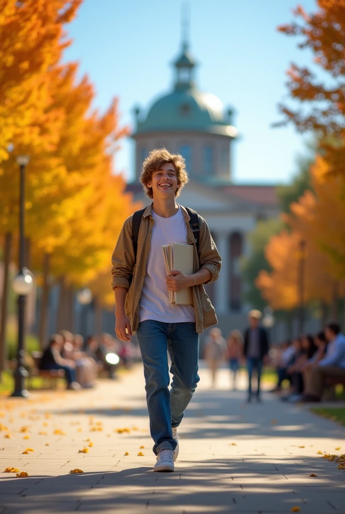 College boy going to college happily with one single copy in his hand no bag