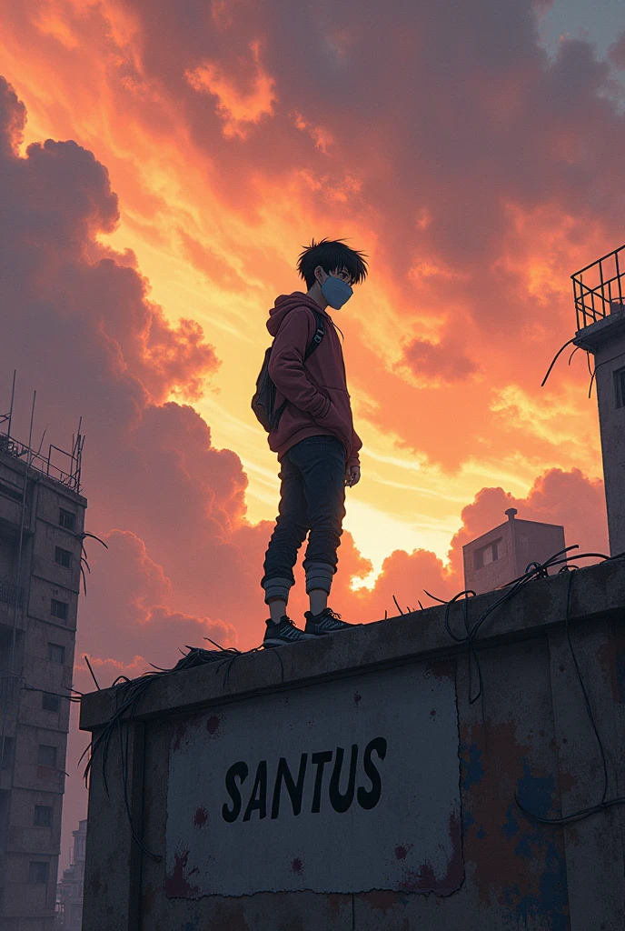A boy of about 20 with an anime-style face mask standing on a roof and the sky looks like a post-apocalyptic world and behind on a wall the name Santus is written