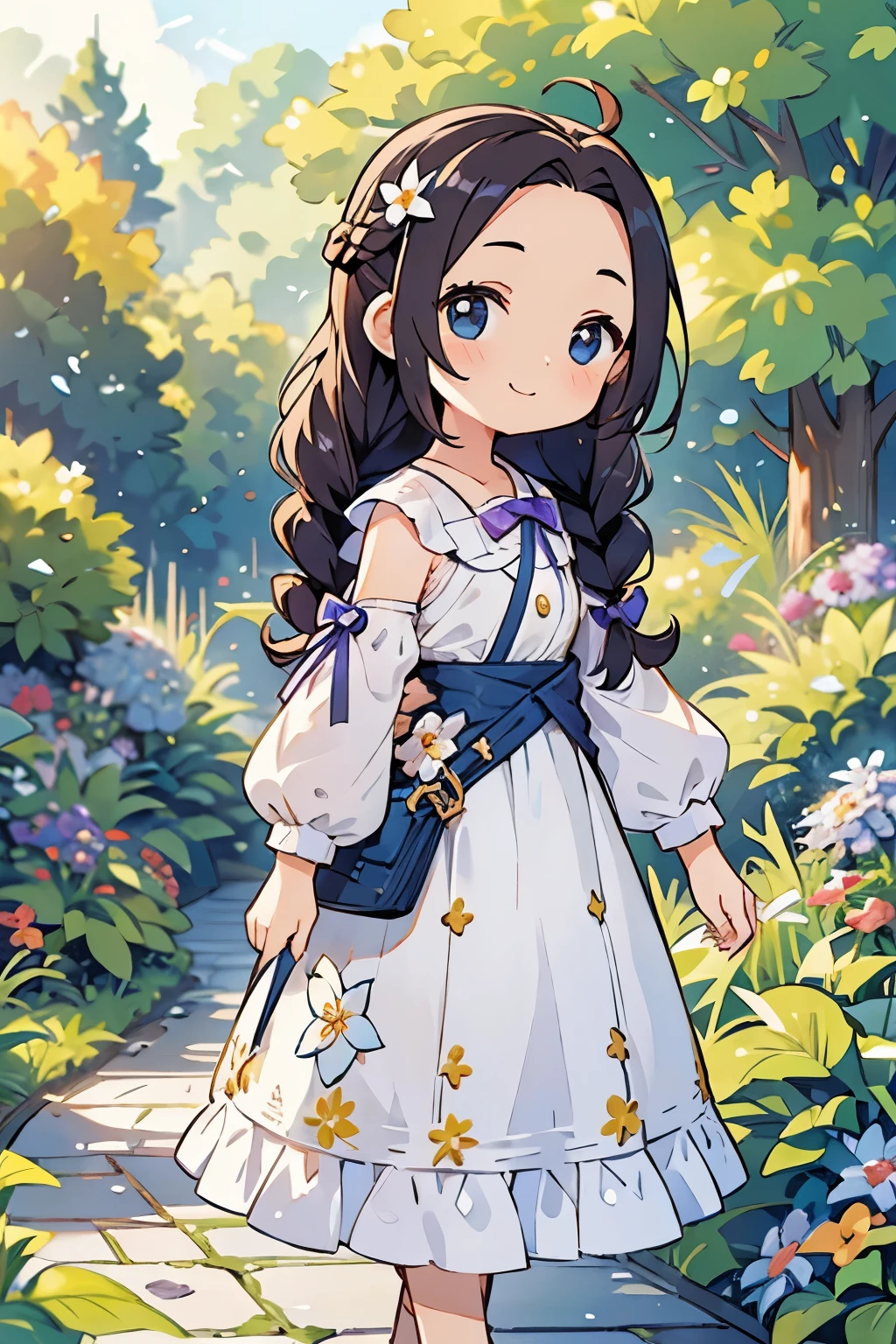 Photorealistic、Little(smile、hairpin、A hairstyle that reveals a large forehead、A hairstyle parted in the middle、No sleeve)、Taking a walk through a garden where morning glories are blooming.、Morning Dew