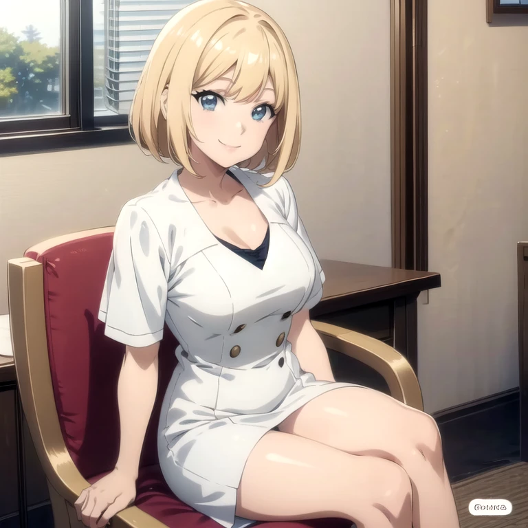 medium hair, bangs, smile, short hair,blonde hair,smile,sitting on a chair, very anime stylistic anime screencap, anime stylistic 