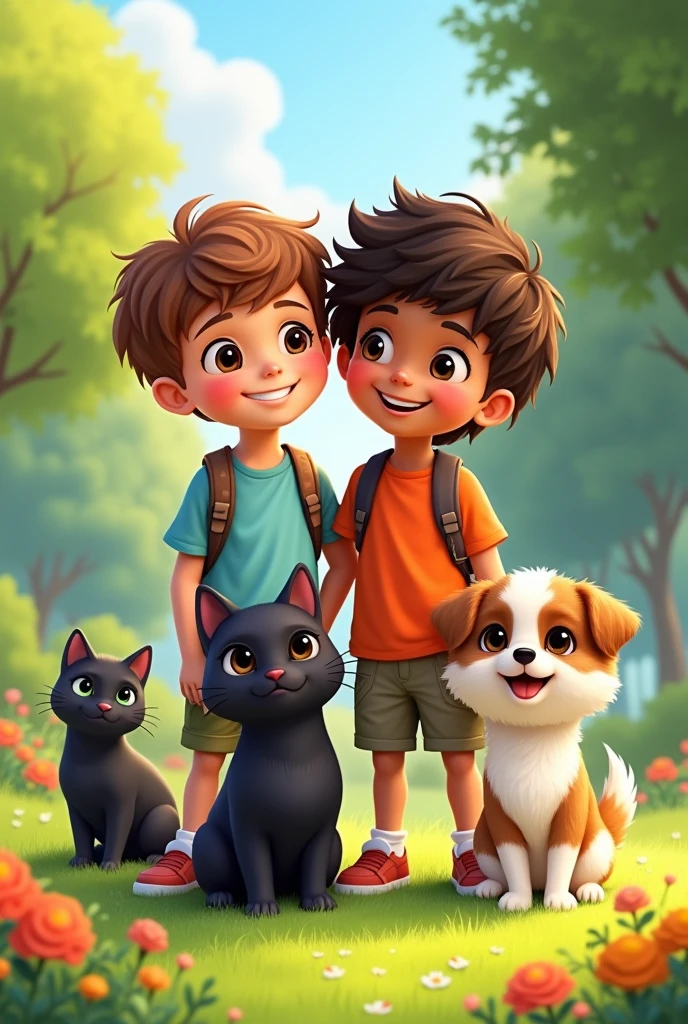 A white boy with brown hair along with one with brown skin and curly hair down to his shoulders and with them a black cat, a shih tzu dog and a cat with 3 colors being white, brown and yellow.