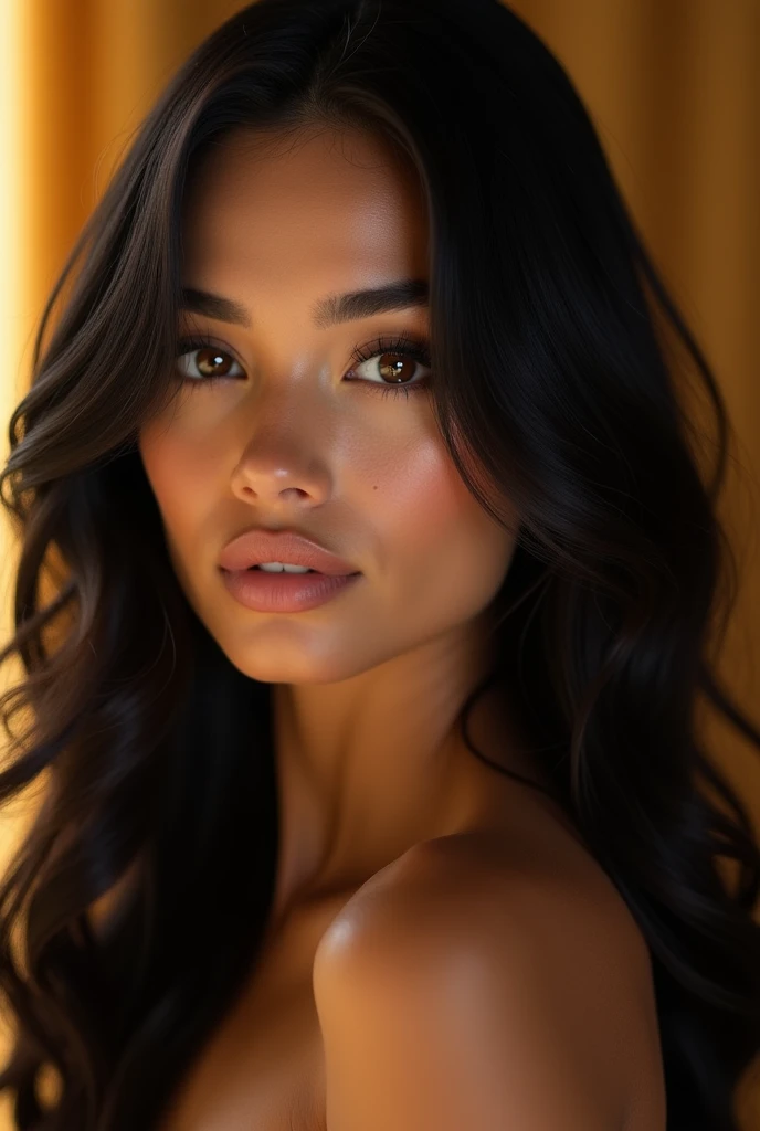 brunette woman, 20 years old, black long hair, brown eyes, beautiful detailed eyes, beautiful detailed lips, extremely detailed face, longeyelashes, model, brazilian, high fashion, photoshoot, natural lighting, warm color tones, cinematic, highly detailed, 4k, best quality, ultra-detailed, realistic, photorealistic, sharp focus, vivid colors, professional photography